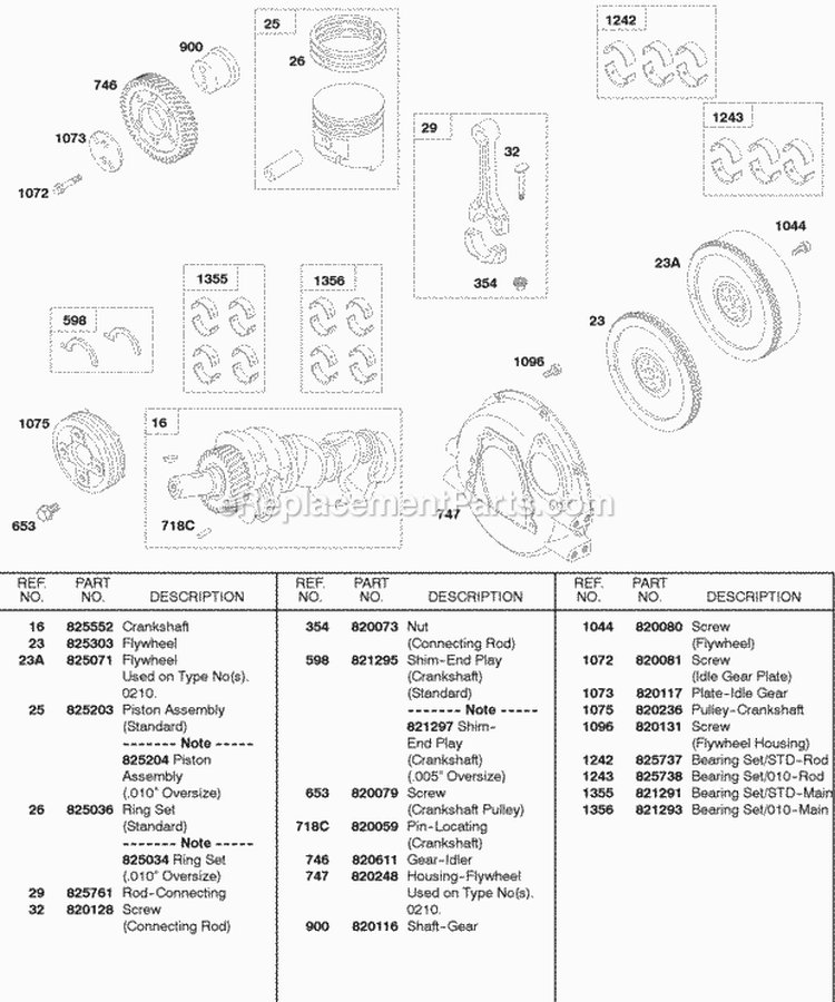PistonRingsConnecting Rod Crankshaft Flywheel Diagram and Parts List for 584447-0205-E2  Briggs and Stratton Engine